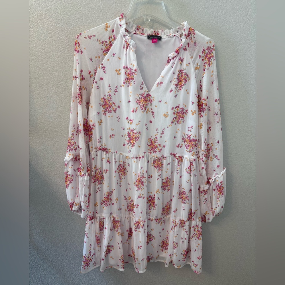 Vince Camuto White Floral Tiered Long-Sleeve Dress